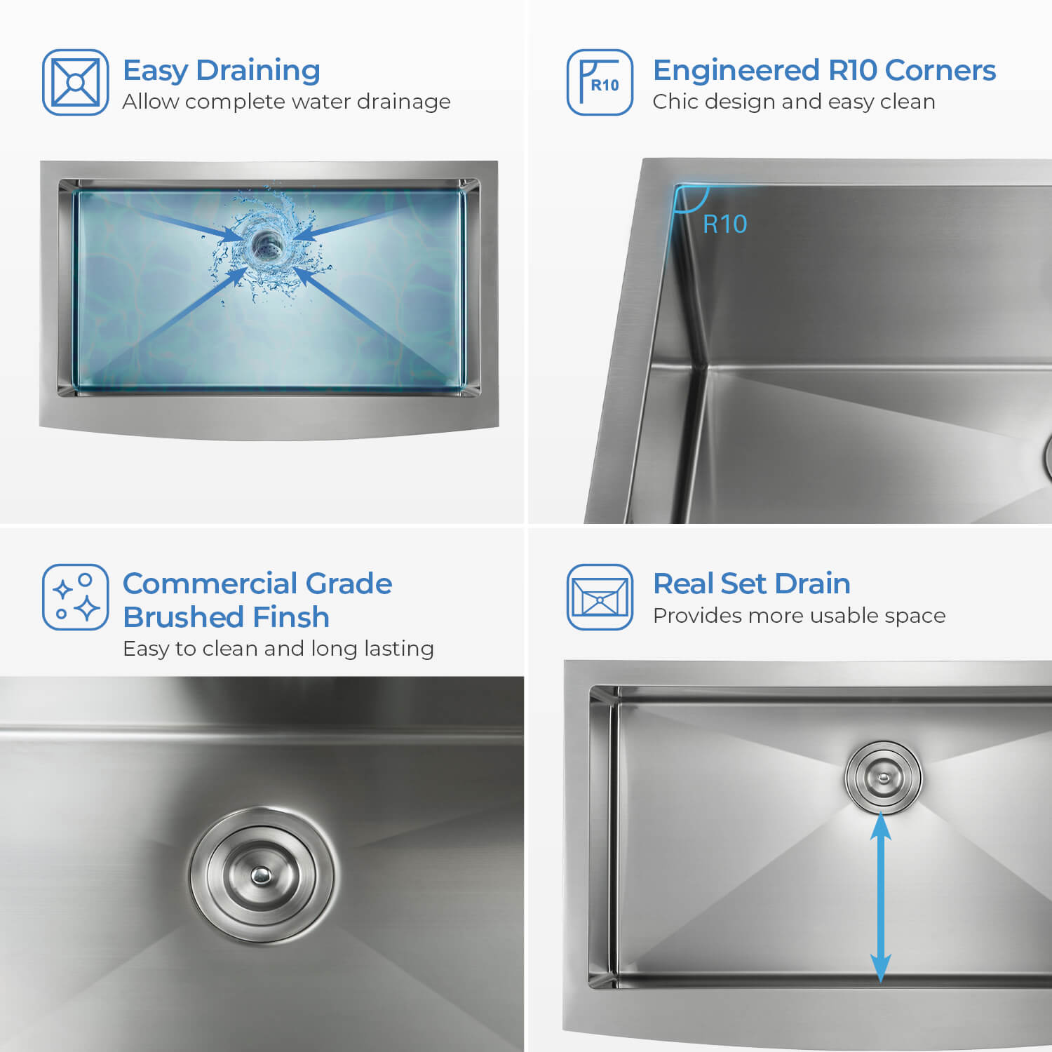 KIBI 36″ Handcrafted Farmhouse Apron Single Bowl Stainless Steel Kitchen Sink K1-SF36