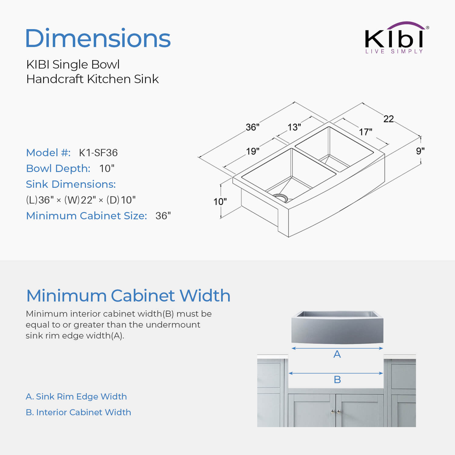 KIBI 36″ Handcrafted Farmhouse Apron Single Bowl Stainless Steel Kitchen Sink K1-SF36