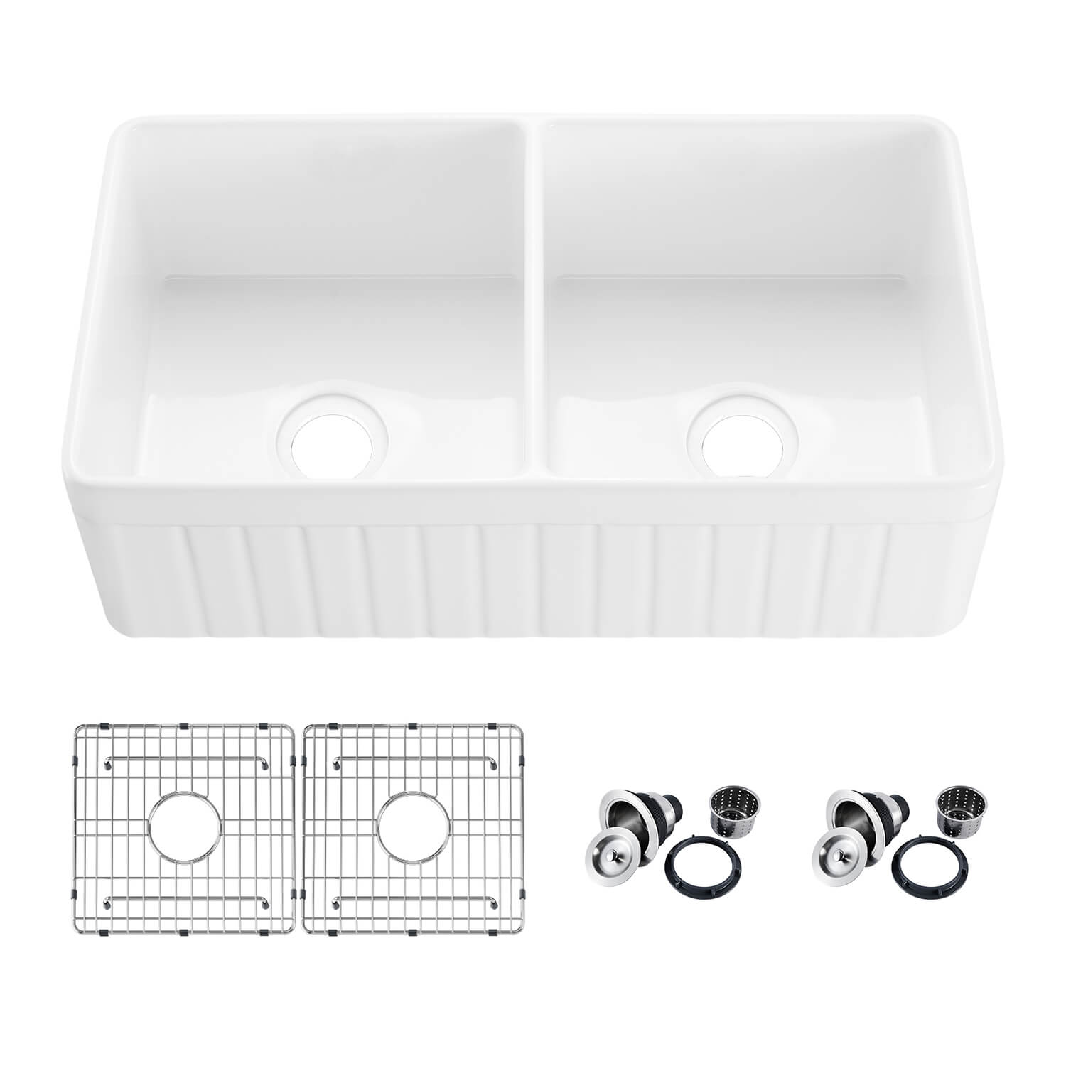 KIBI 33″ Fireclay Farmhouse Double Bowl Kitchen Sink Pillar Series K2-DF33PI