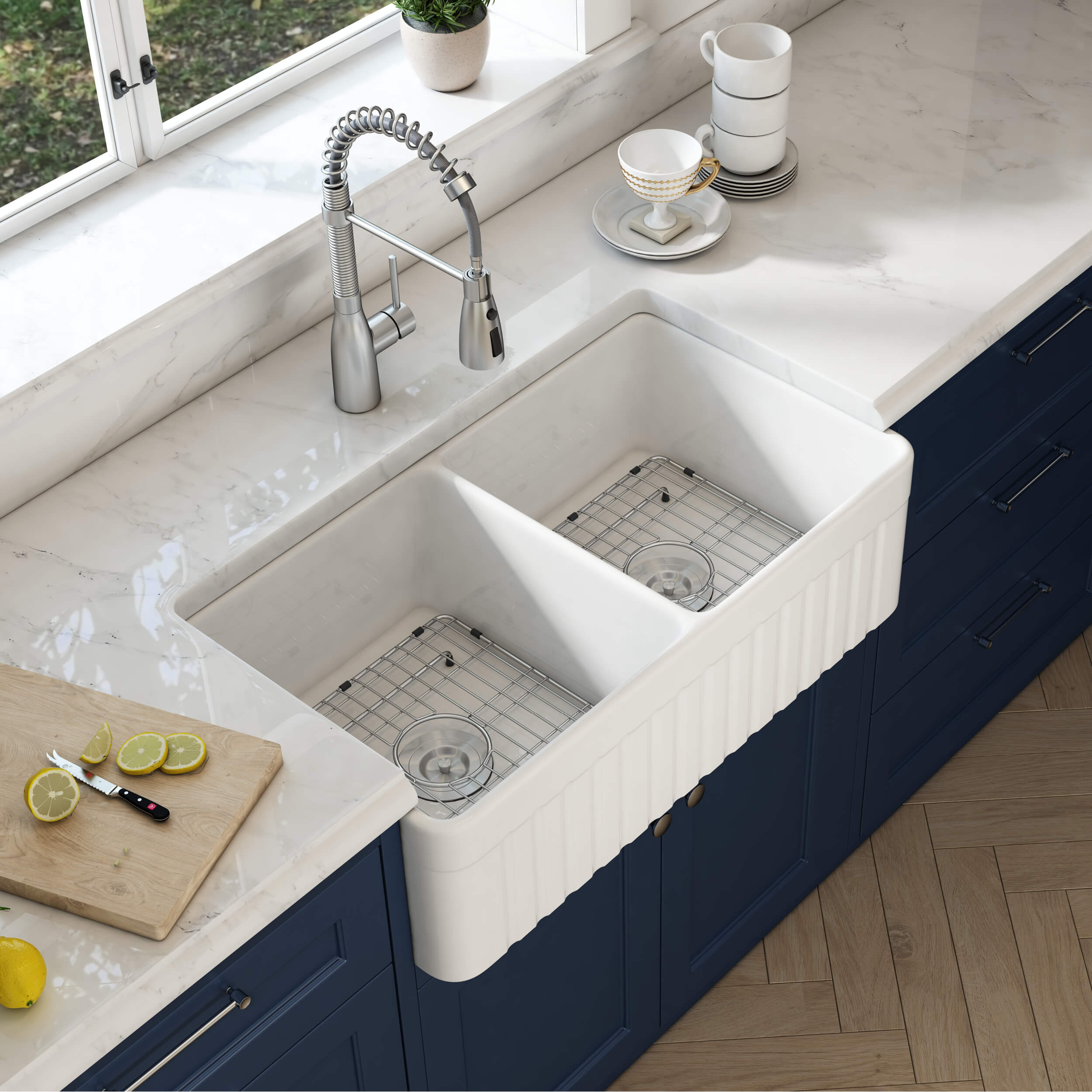 KIBI 33″ Fireclay Farmhouse Double Bowl Kitchen Sink Pillar Series K2-DF33PI
