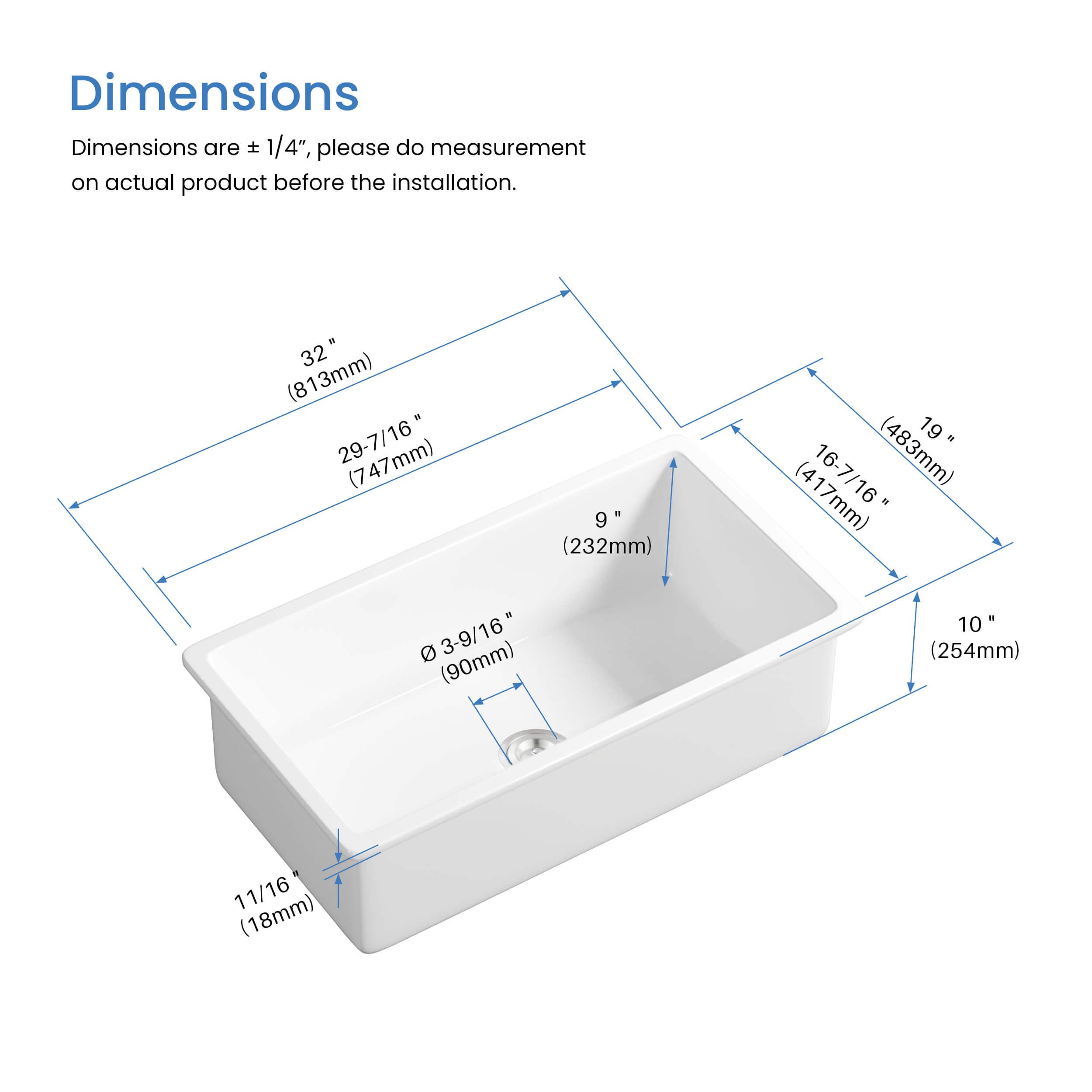 KIBI 32″ Fireclay Undermounted Kitchen Sink Landis Series K2-S32