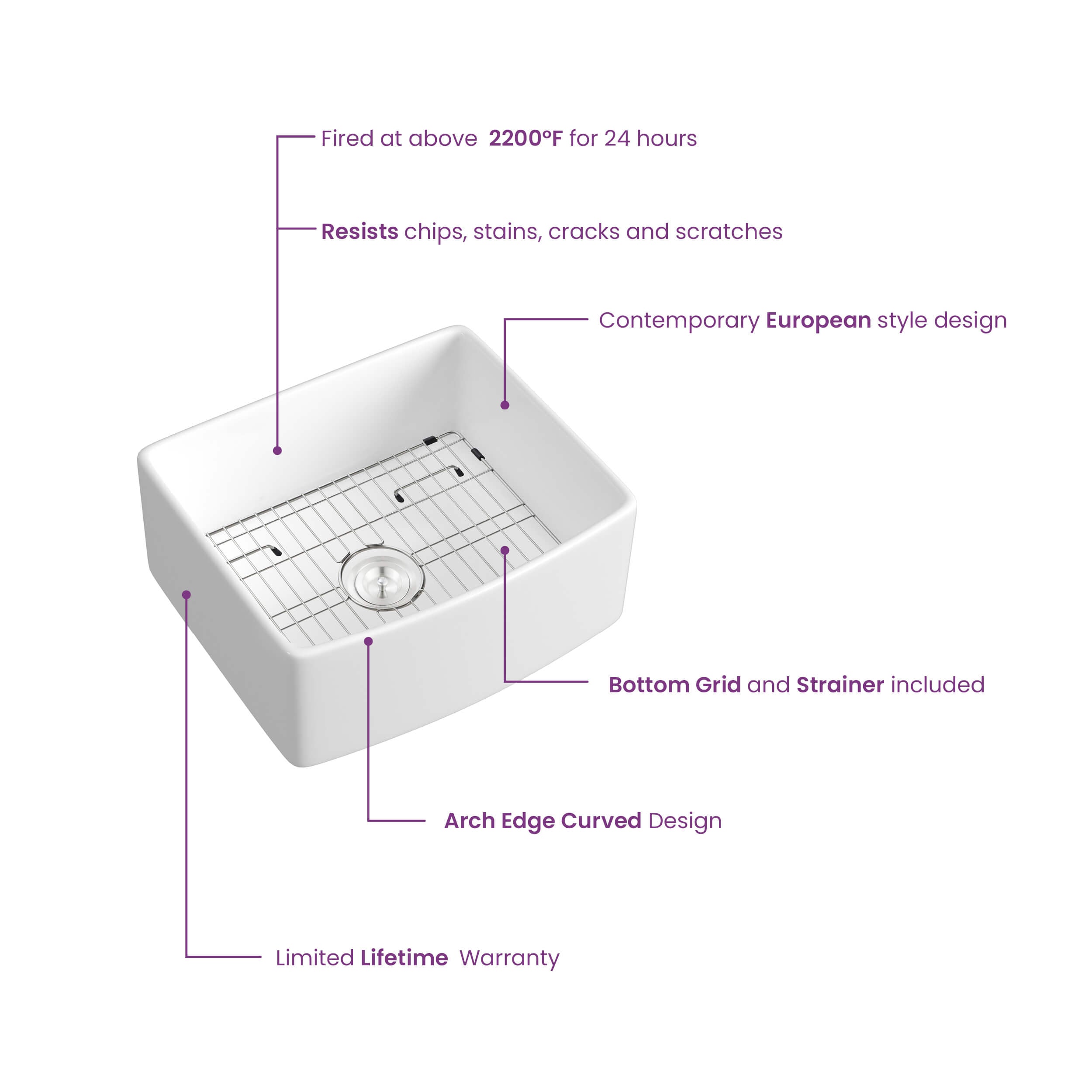 KIBI 24″ Fireclay Curved Apron Front Farmhouse Kitchen Sink Pure Series K2-SF24C