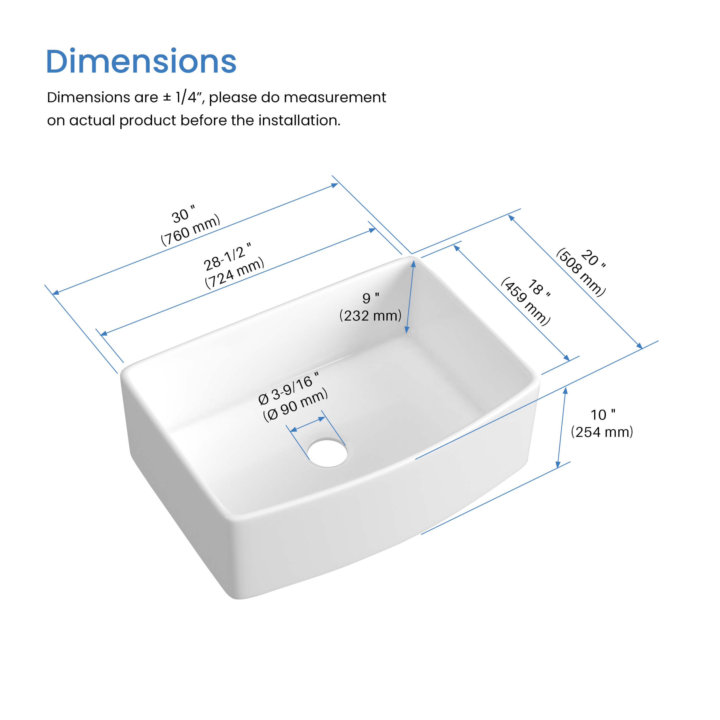 KIBI 30″ Fireclay Curved Apron Front Farmhouse Kitchen Sink Pure Series K2-SF30C