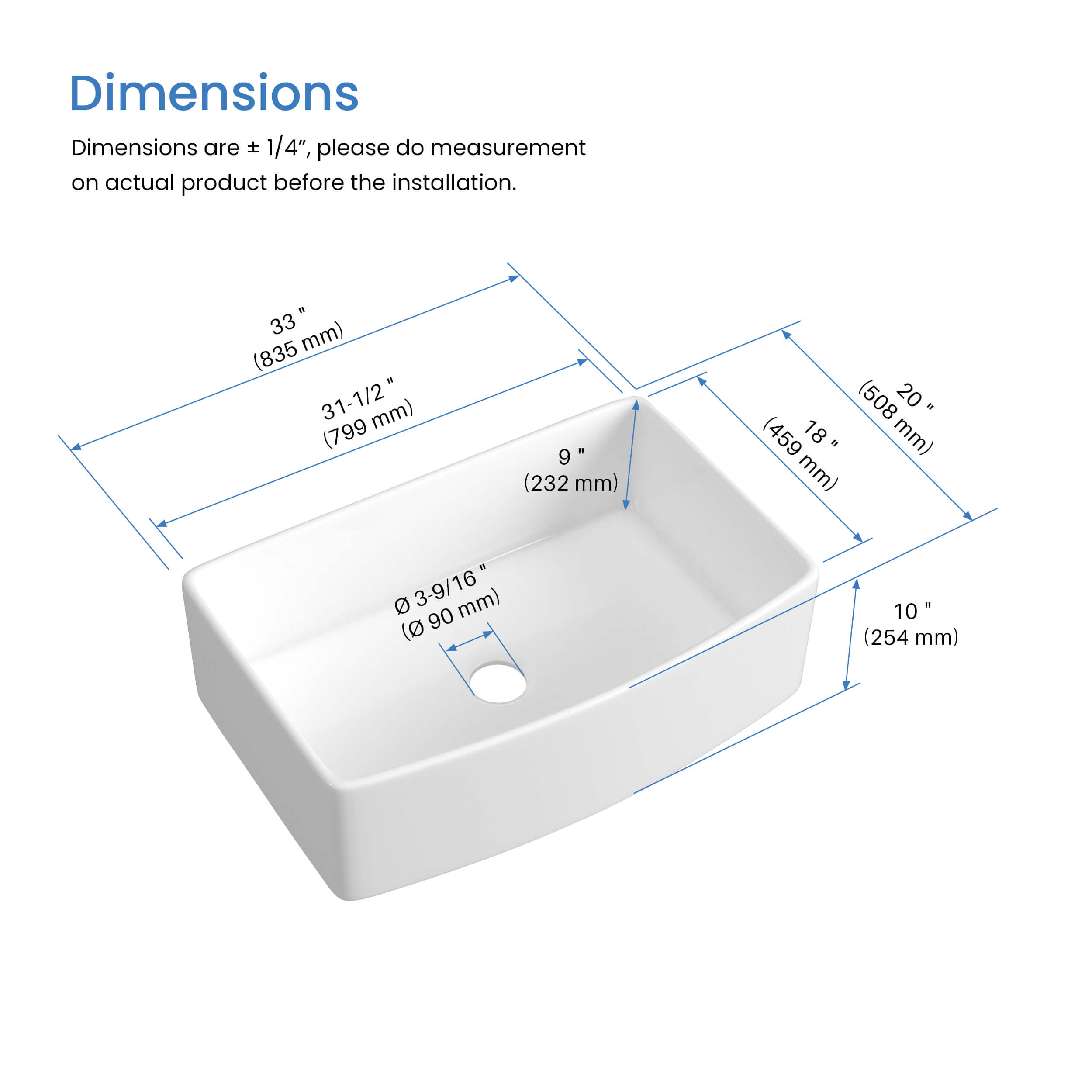 KIBI 33″ Fireclay Curved Apron Front Farmhouse Kitchen Sink Pure Series K2-SF33C
