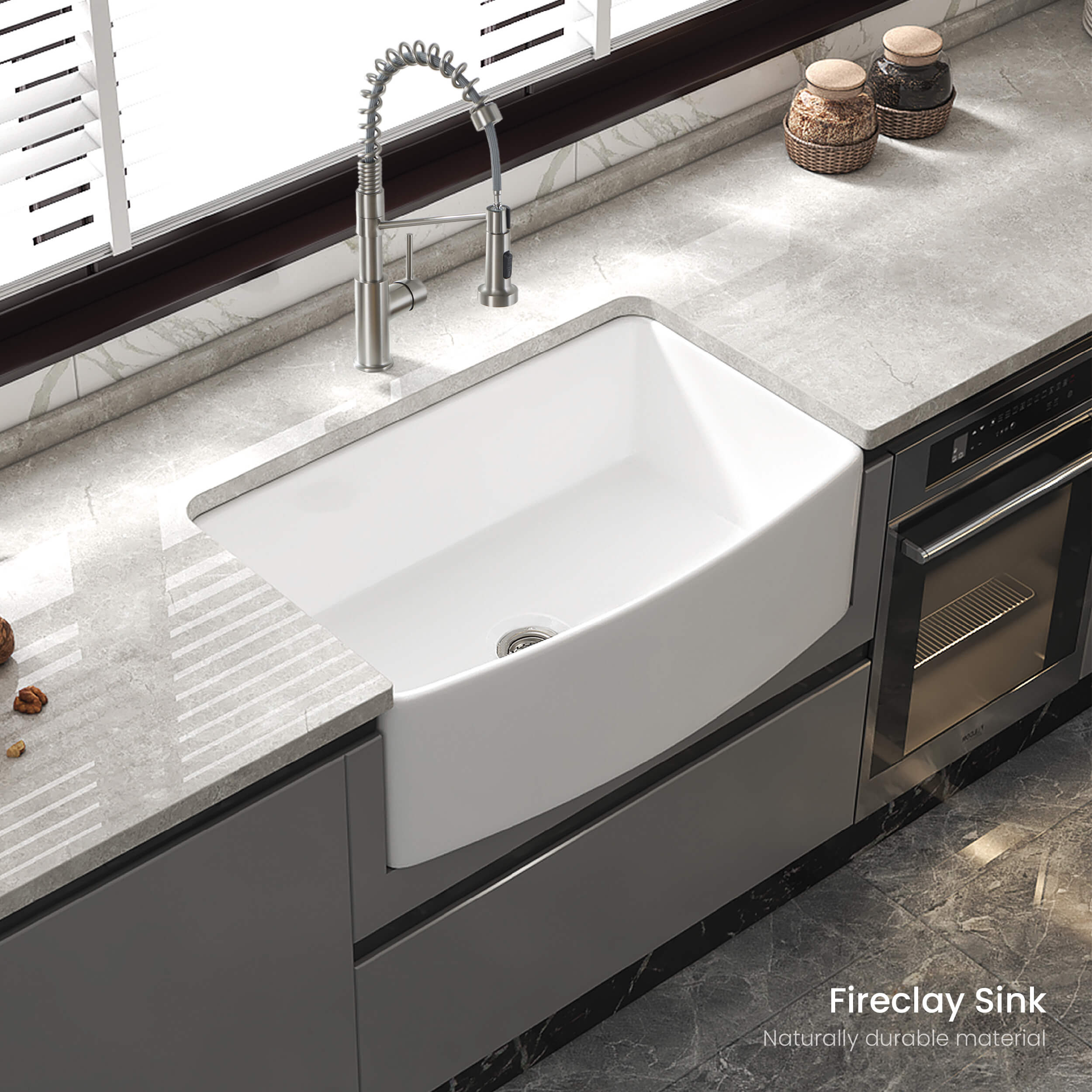 KIBI 33″ Fireclay Curved Apron Front Farmhouse Kitchen Sink Pure Series K2-SF33C