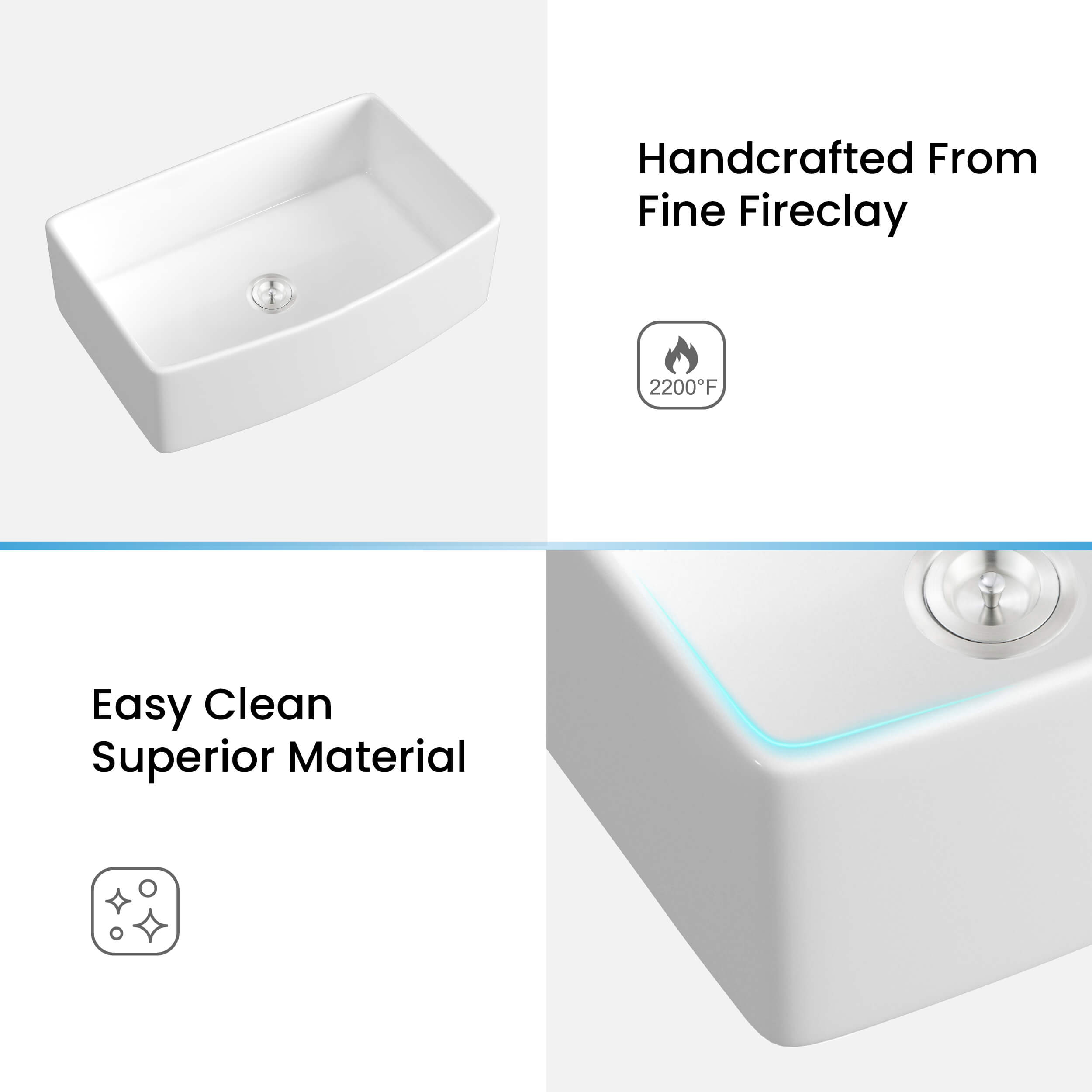 KIBI 33″ Fireclay Curved Apron Front Farmhouse Kitchen Sink Pure Series K2-SF33C