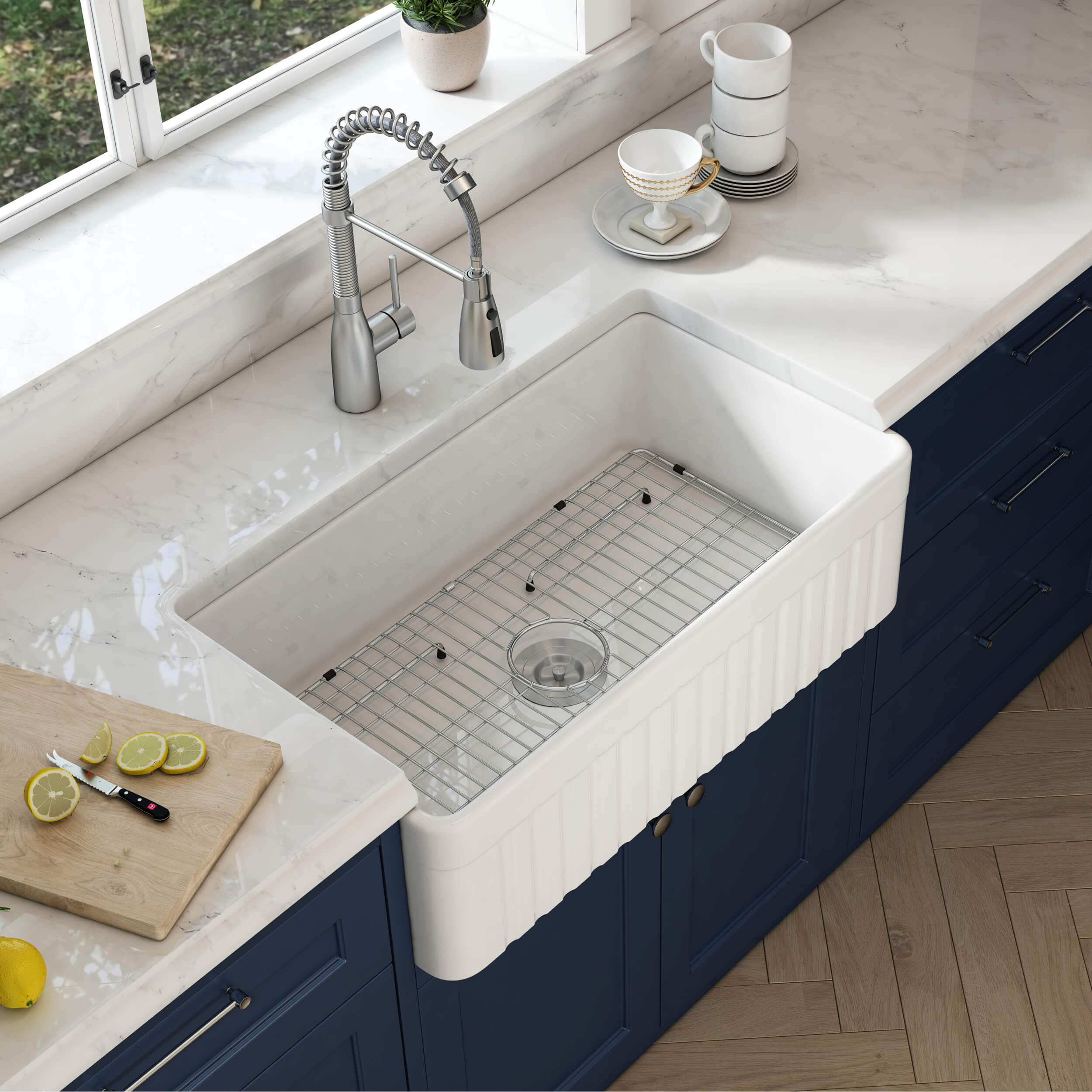 KIBI 33″ Fireclay Farmhouse Single Bowl Kitchen Sink Pillar Series K2-SF33PI