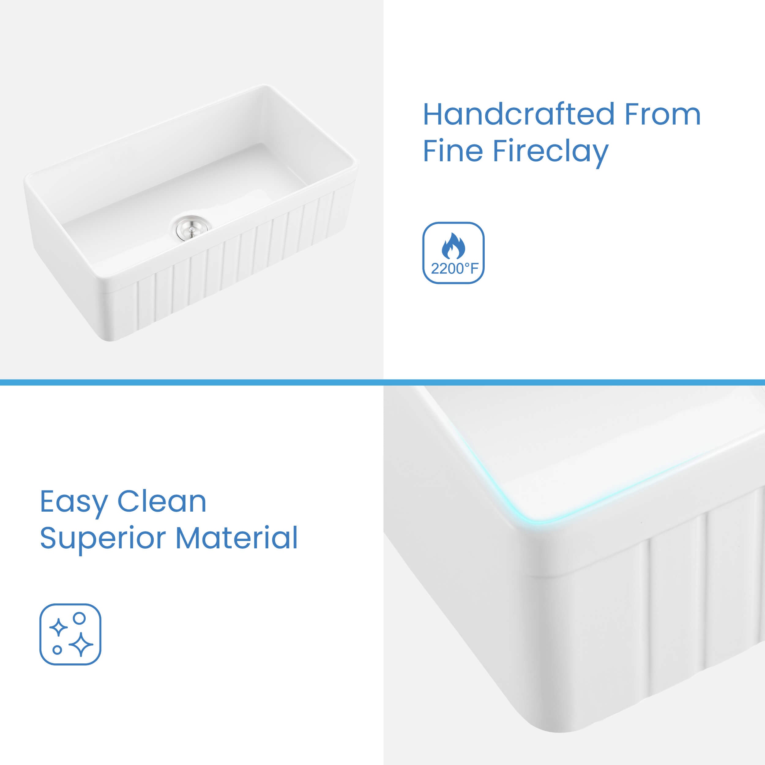 KIBI 33″ Fireclay Farmhouse Single Bowl Kitchen Sink Pillar Series K2-SF33PI