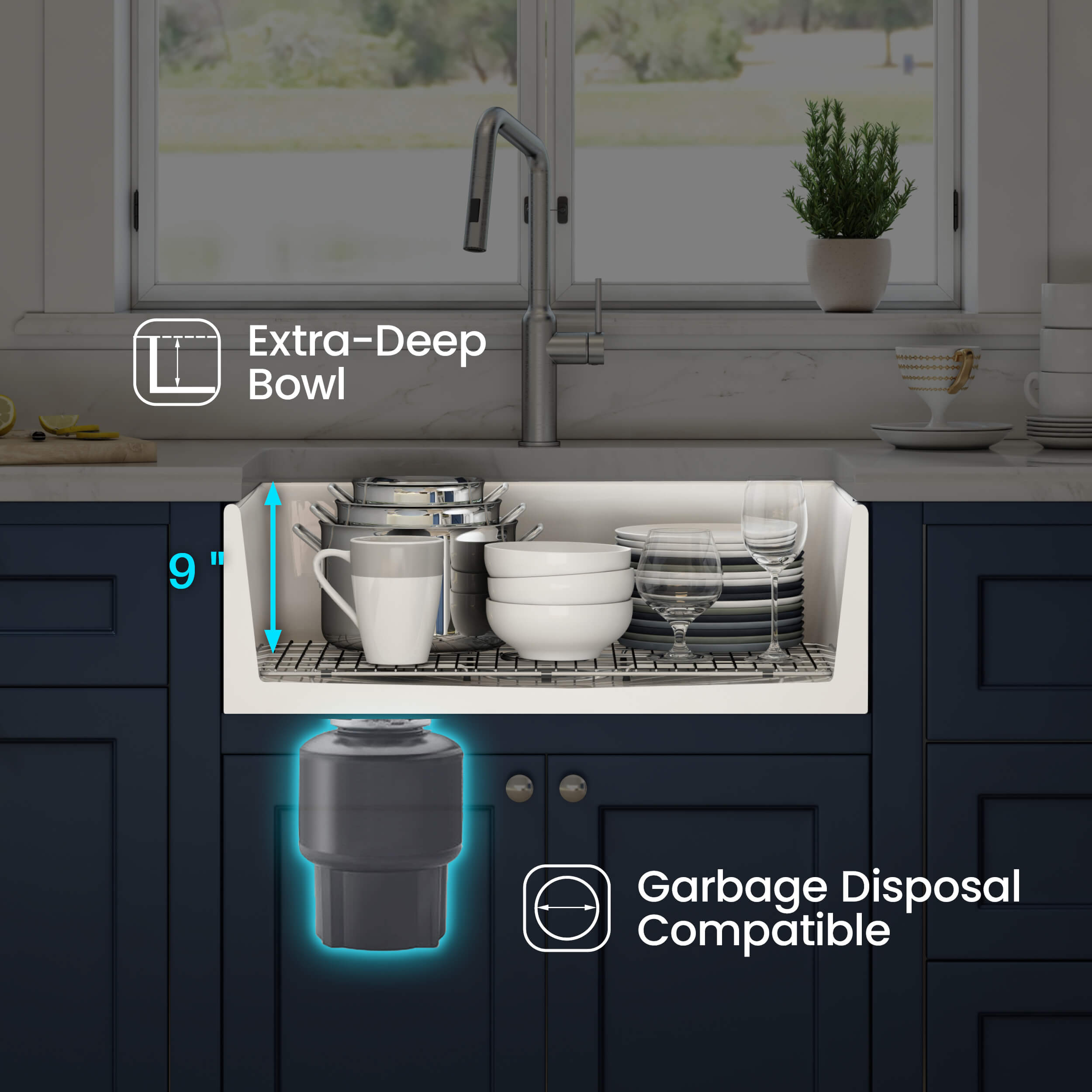 KIBI 33″ Fireclay Kitchen Farmhouse Workstation Sink Pure Series K2-SF33T