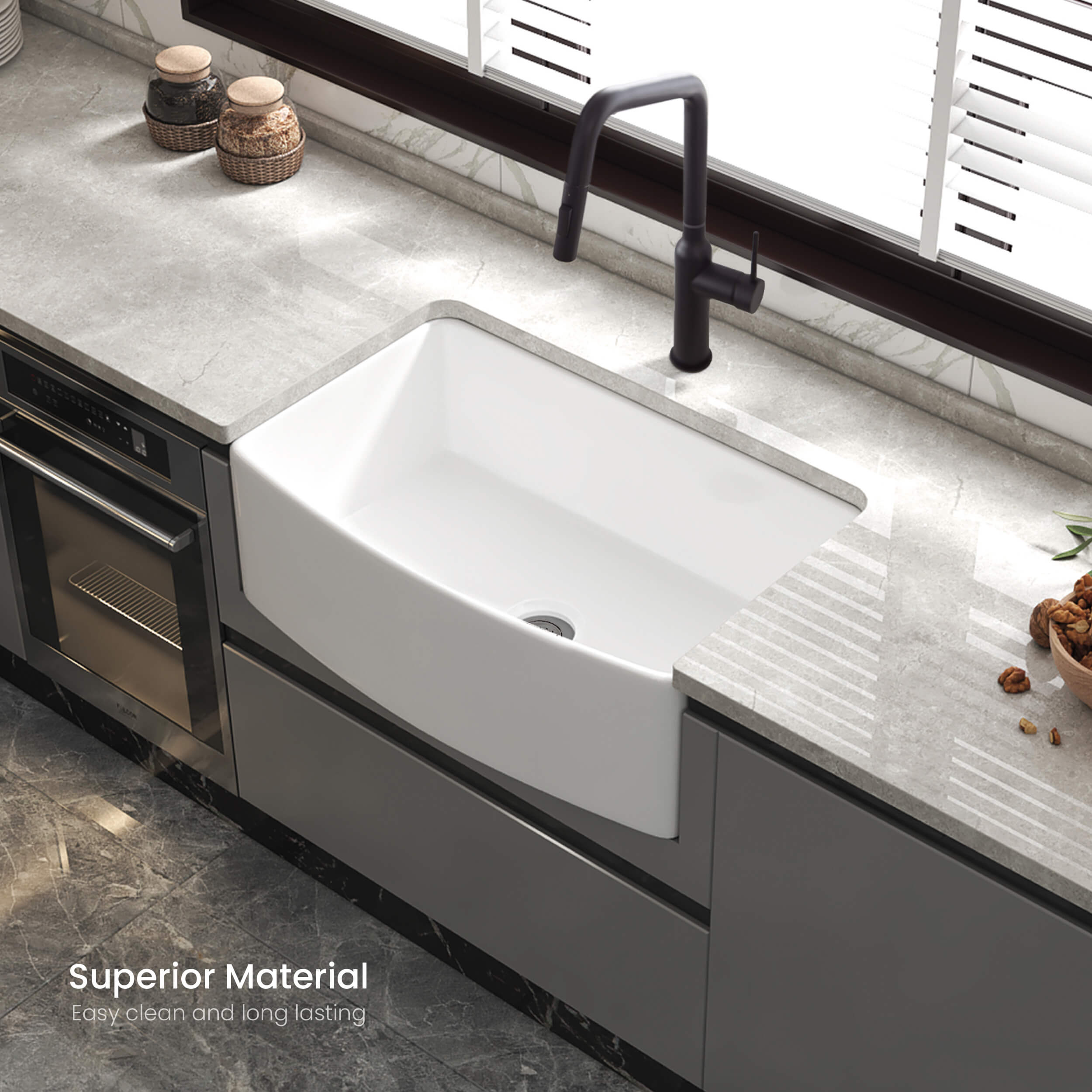 KIBI 36″ Fireclay Curved Apron Front Farmhouse Kitchen Sink Pure Series K2-SF36C