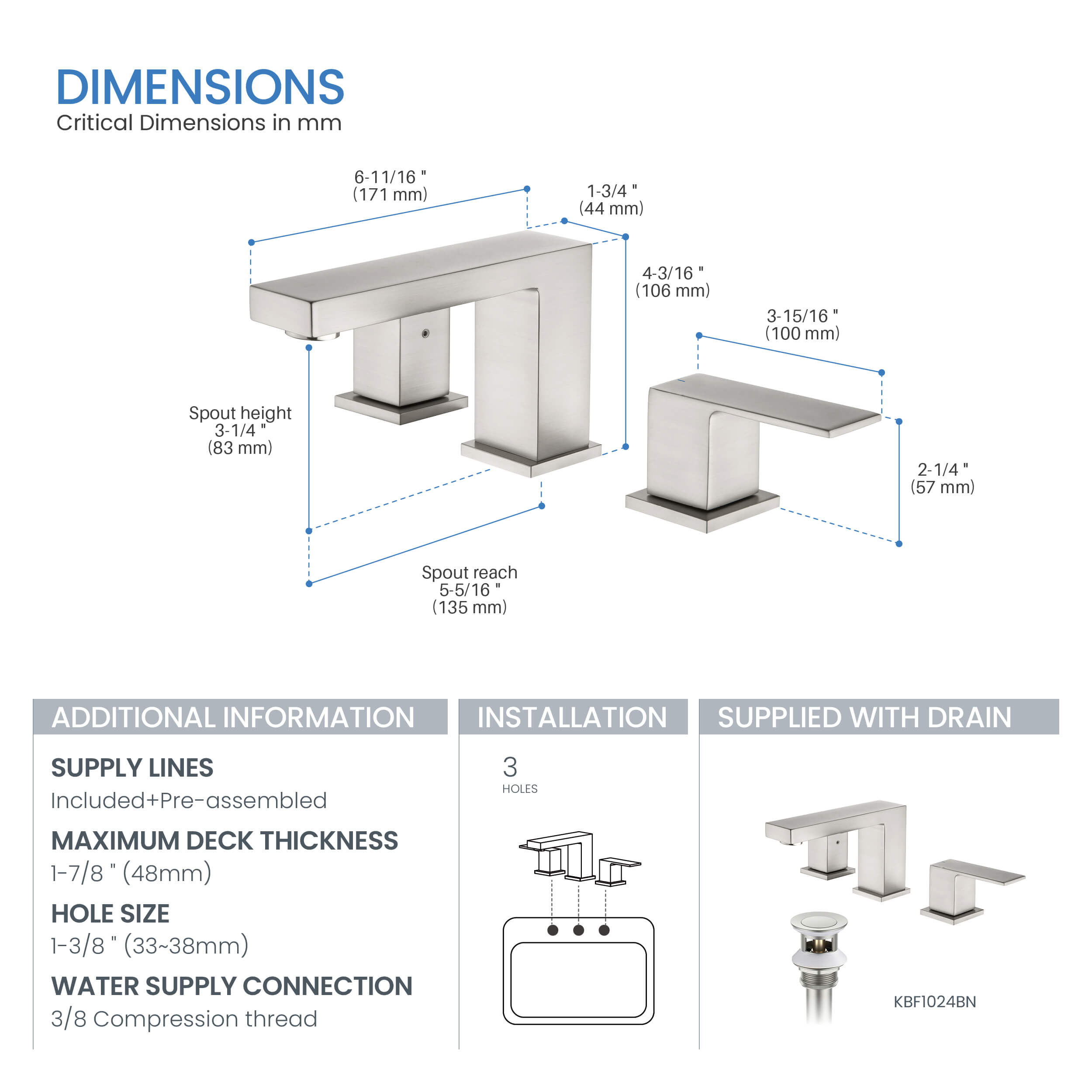 KIBI Cube 8“ Widespread Bathroom Faucet with Drain Assembly – KBF1024
