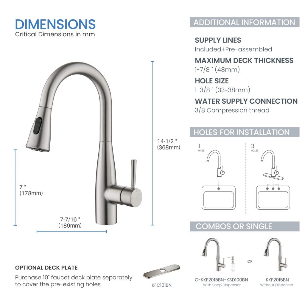 KIBI - Bari Single Handle Pull Down Kitchen & Bar Sink Faucet - KKF2015