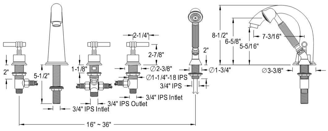 Kingston - Tub Faucets - Manhattan KS2365ML Three-Handle 5-Hole Deck Mount Roman Tub Faucet with Hand Shower