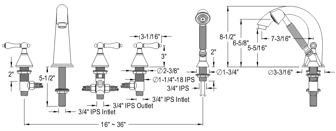 Kingston - Tub Faucets - Roman KS2365AL Three-Handle 5-Hole Deck Mount Roman Tub Faucet with Hand Shower