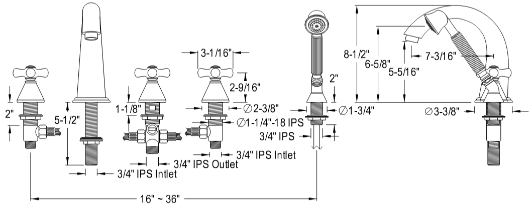 Kingston - Tub Faucets - Milano KS2365PX Three-Handle 5-Hole Deck Mount Roman Tub Faucet with Hand Shower