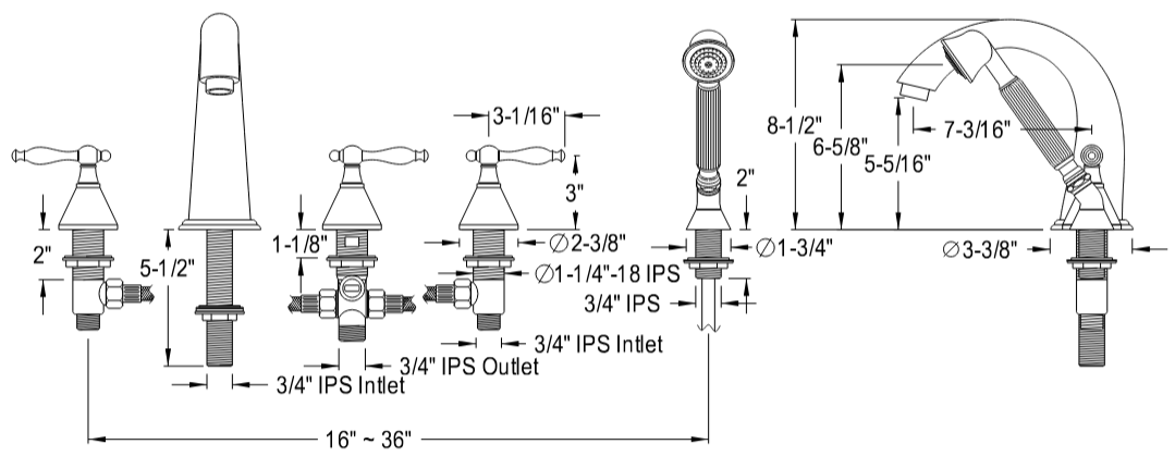 Kingston - Tub Faucets - Naples KS2365NL Three-Handle 5-Hole Deck Mount Roman Tub Faucet with Hand Shower