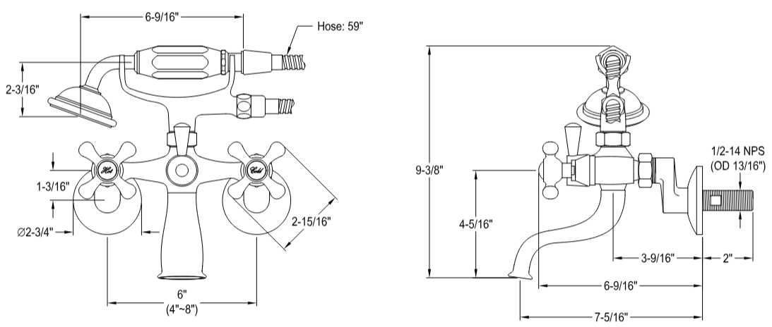 Kingston - Tub Faucets - KS265 Three-Handle 2-Hole Tub Wall Mount Clawfoot Tub Faucet with Hand Shower