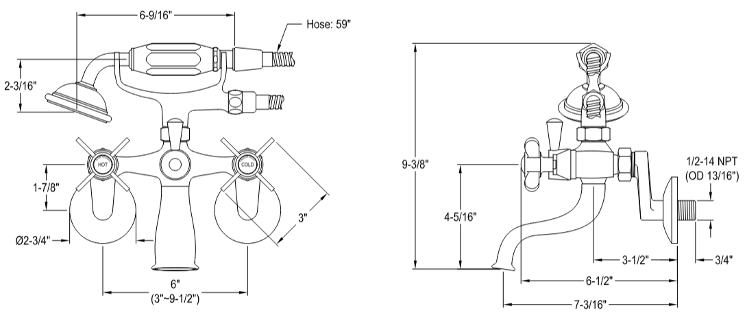 Kingston - Tub Faucets - KS286 Three-Handle 2-Hole Tub Wall Mount Clawfoot Tub Faucet with Hand Shower