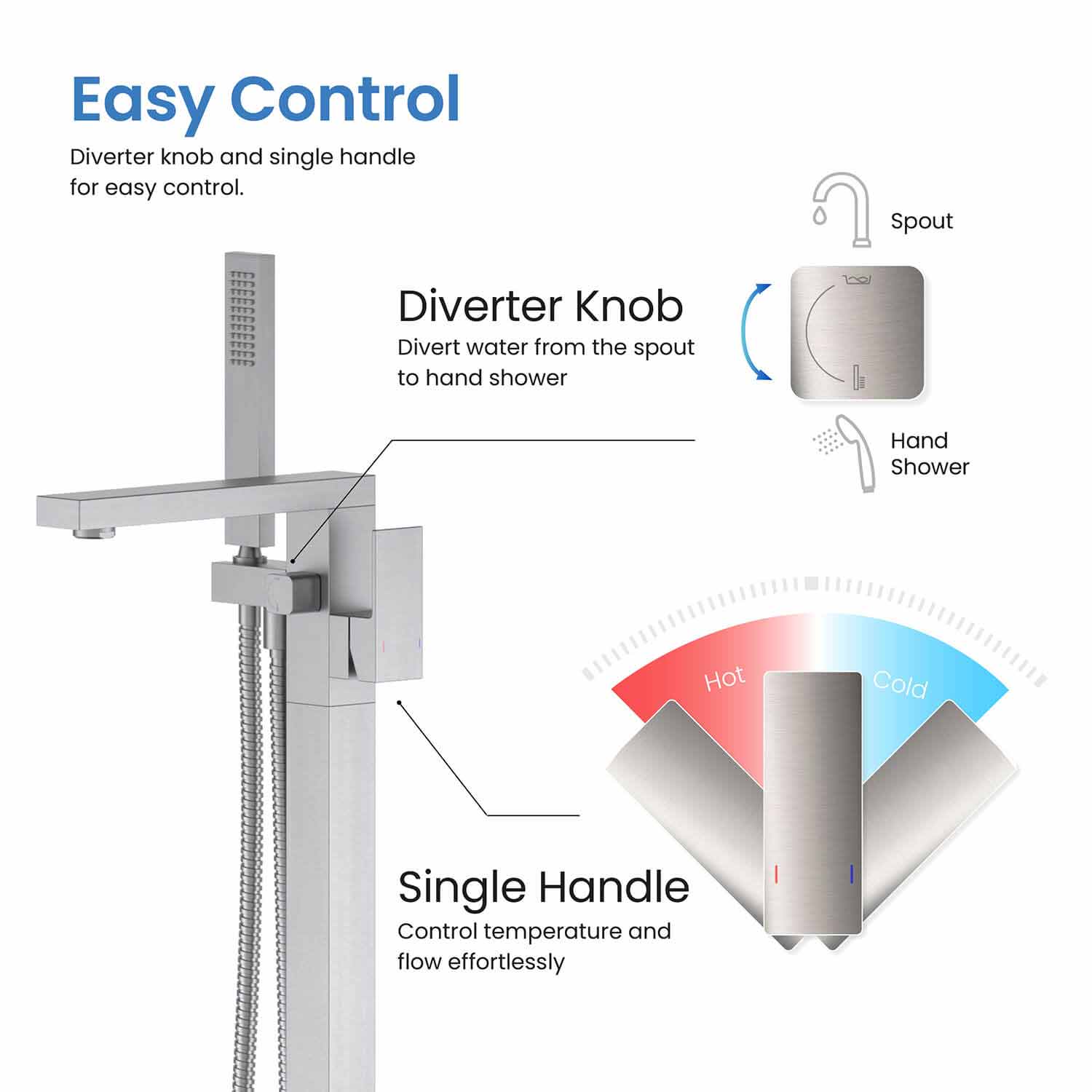 KIBI Cube Single Handle Floor Mounted Freestanding Tub Filler With Hand Shower - KTF302