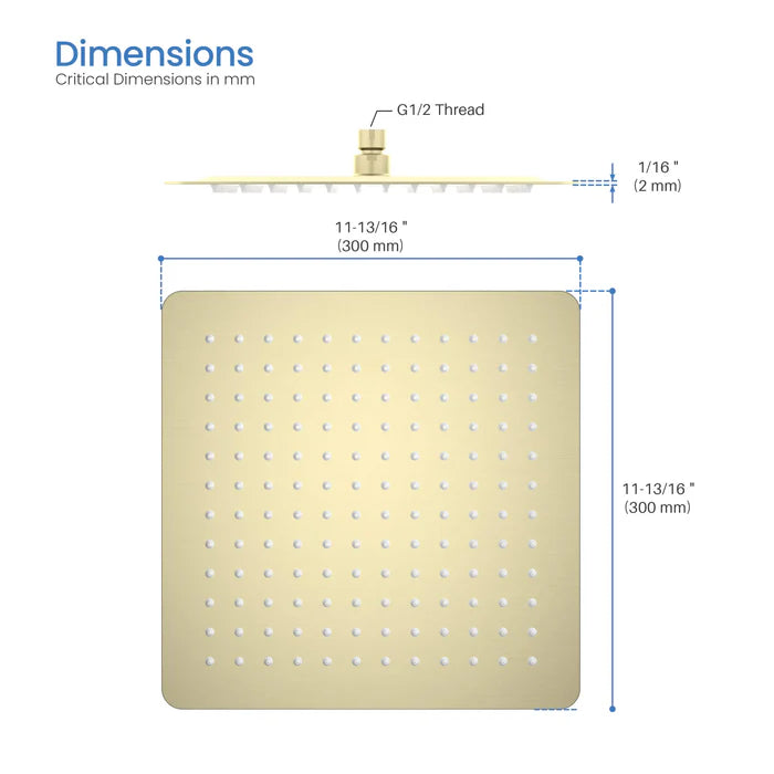 Casa Fixtures - Shower Head - Quadra 12" Metal Rain Shower Head 2mm Ultra Thin Profile (RS103)