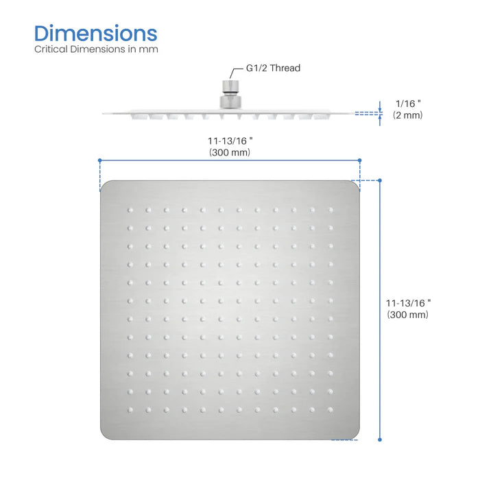 Casa Fixtures - Shower Head - Quadra 12" Metal Rain Shower Head 2mm Ultra Thin Profile (RS103)