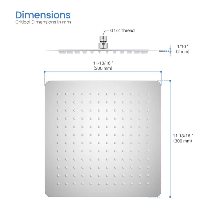 Casa Fixtures - Shower Head - Quadra 12" Metal Rain Shower Head 2mm Ultra Thin Profile (RS103)