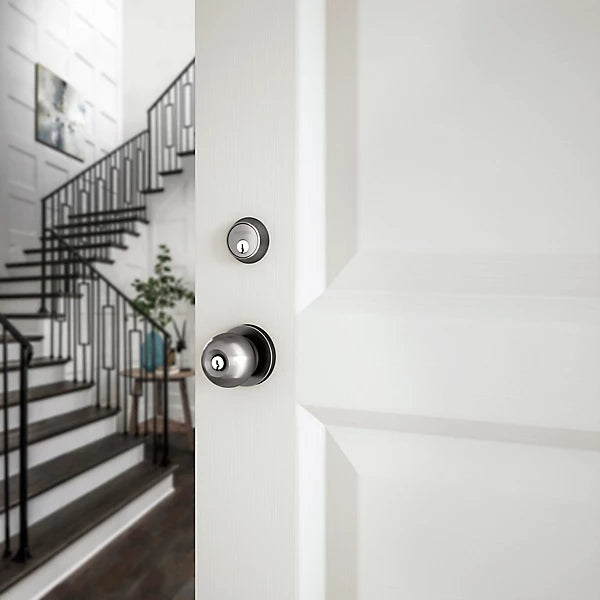 Baldwin - Estate Collection - Keyed Knobs & Levers - 5215 Modern Keyed Door Knob w/ Contemporary Rose (Pre-Configured)