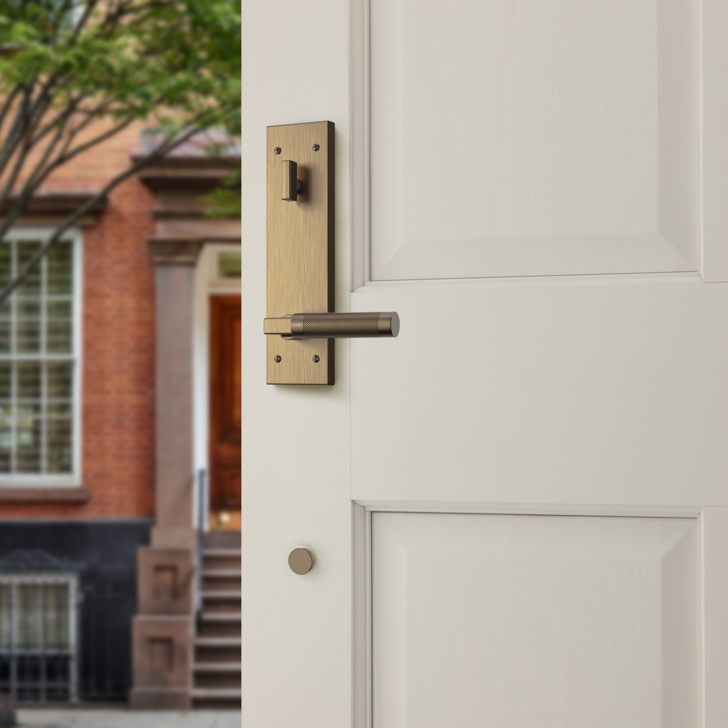 Baldwin - Estate Collection - Tubular Entry Handlesets - Gramercy Knurled Full Escutcheon Emergency Egress Handleset w/ L030 Gramercy Knurled Lever