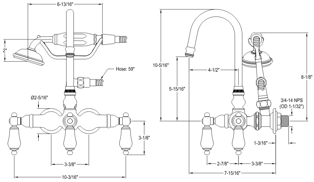 Kingston - Tub Faucets - Vintage CC11T Three-Handle 2-Hole Tub Wall Mount Clawfoot Tub Faucet with Hand Shower