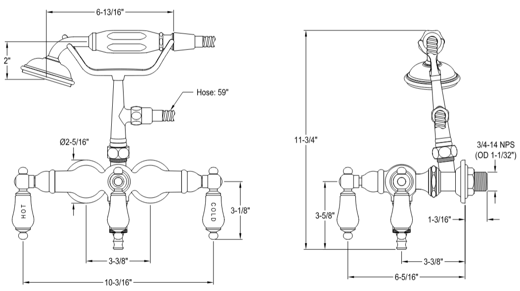 Kingston - Tub Faucets - Vintage CC21T Three-Handle 2-Hole Tub Wall Mount Clawfoot Tub Faucet with Hand Shower