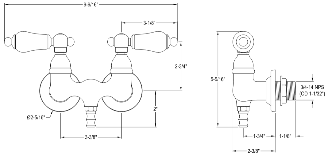 Kingston - Tub Faucets - Vintage CC35T Two-Handle 2-Hole Tub Wall Mount Clawfoot Tub Faucet