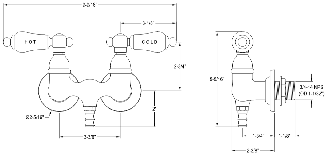 Kingston - Tub Faucets - Vintage CC33T Two-Handle 2-Hole Tub Wall Mount Clawfoot Tub Faucet
