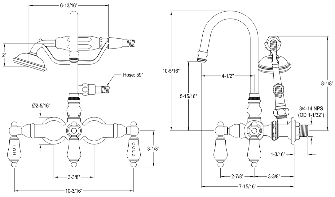 Kingston - Tub Faucets - Vintage CC9T Three-Handle 2-Hole Tub Wall Mount Clawfoot Tub Faucet with Hand Shower
