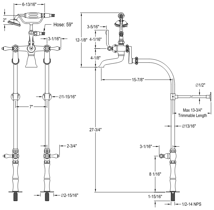Kingston - Tub Faucets - Vintage CCK103T/CCK104T Three-Handle 2-Hole Freestanding Clawfoot Tub Faucet Package with Supply Line and Hand Shower