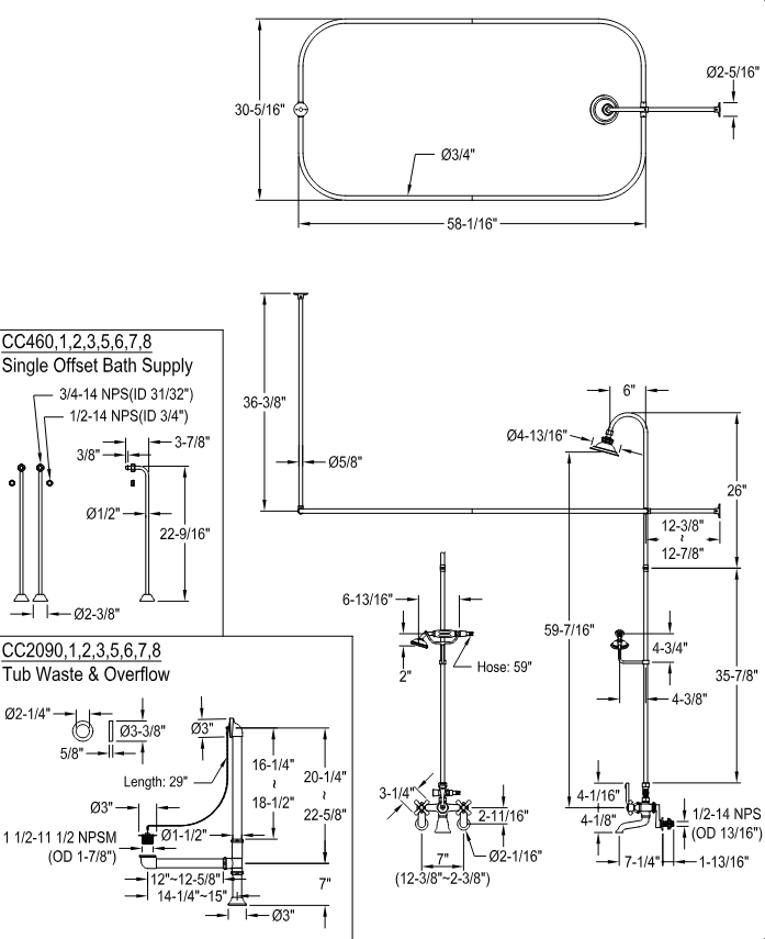 Kingston - Tub Faucets - Vintage CCK114AX (Metal Cross) Three-Handle 2-Hole Tub Wall Mount Clawfoot Tub Faucet Package with Shower Enclosure and Hand Shower