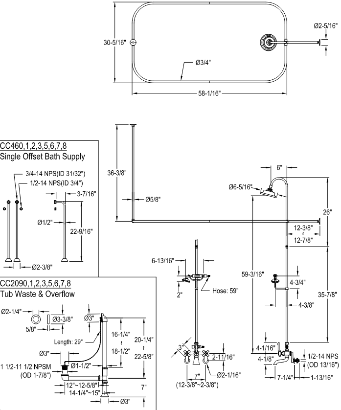 Kingston - Tub Faucets - Vintage CCK114PX (Porcelain Cross) Three-Handle 2-Hole Tub Wall Mount Clawfoot Tub Faucet Package with Shower Enclosure and Hand Shower