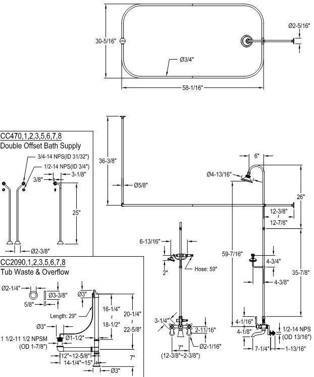 Kingston - Tub Faucets - Vintage CCK118AX (Metal Cross) Three-Handle 2-Hole Tub Wall Mount Clawfoot Tub Faucet Package with Shower Enclosure and Hand Shower