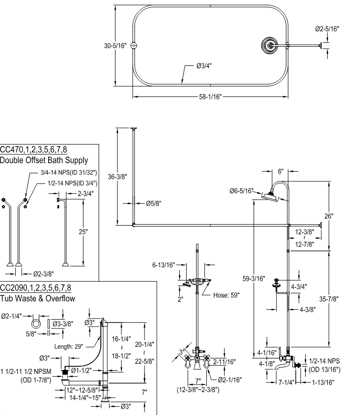 Kingston - Tub Faucets - Vintage CCK118PX (Porcelain Cross) Three-Handle 2-Hole Tub Wall Mount Clawfoot Tub Faucet Package with Shower Enclosure and Hand Shower