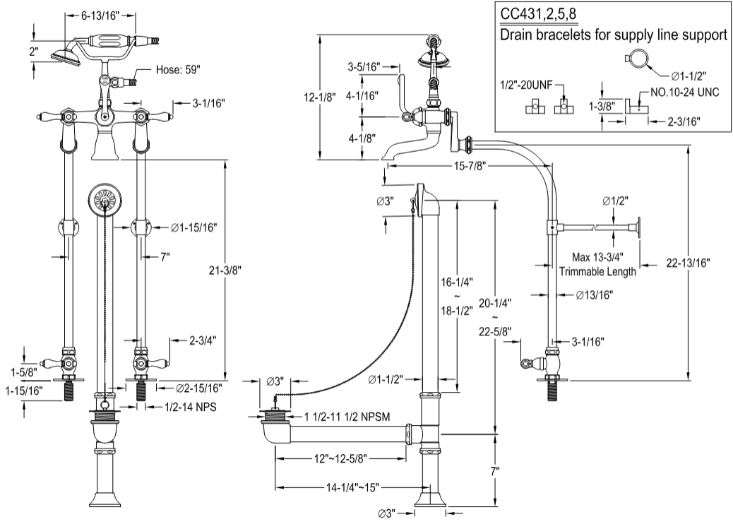 Kingston - Tub Faucets - Vintage CCK510AL Two-Handle 2-Hole Freestanding Clawfoot Tub Faucet Package with Supply Line, Hand Shower and Tub Drain