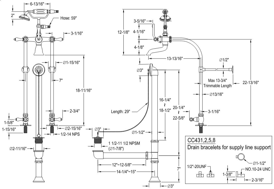 Kingston - Tub Faucets - Vintage CCK517AL Three-Handle 2-Hole Freestanding Clawfoot Tub Faucet Package with Supply Line, Hand Shower and Tub Drain