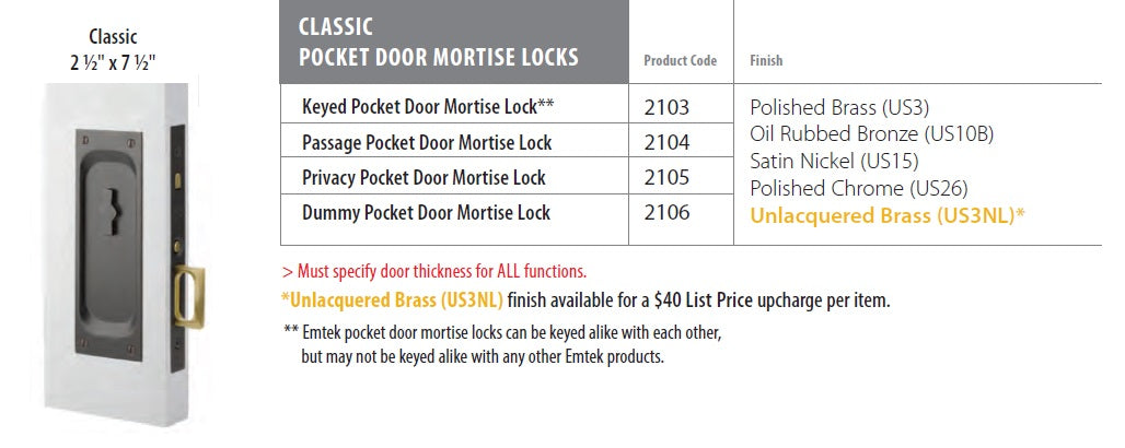 Emtek Classic Pocket Door Mortise Lock