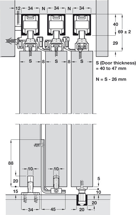 Hafele HAWA Junior Telescopic 80/3 (For 3 Doors) Sliding Door Set (Track NOT Included)