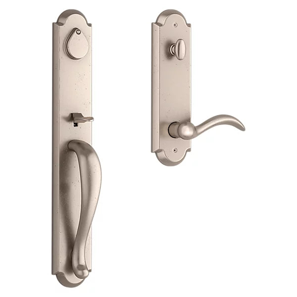 Baldwin - Reserve Collection - Tubular Entry Handlesets - Elkhorn Full Escutcheon Emergency Egress Handleset w/ Arch Lever & Rustic Arched Rose
