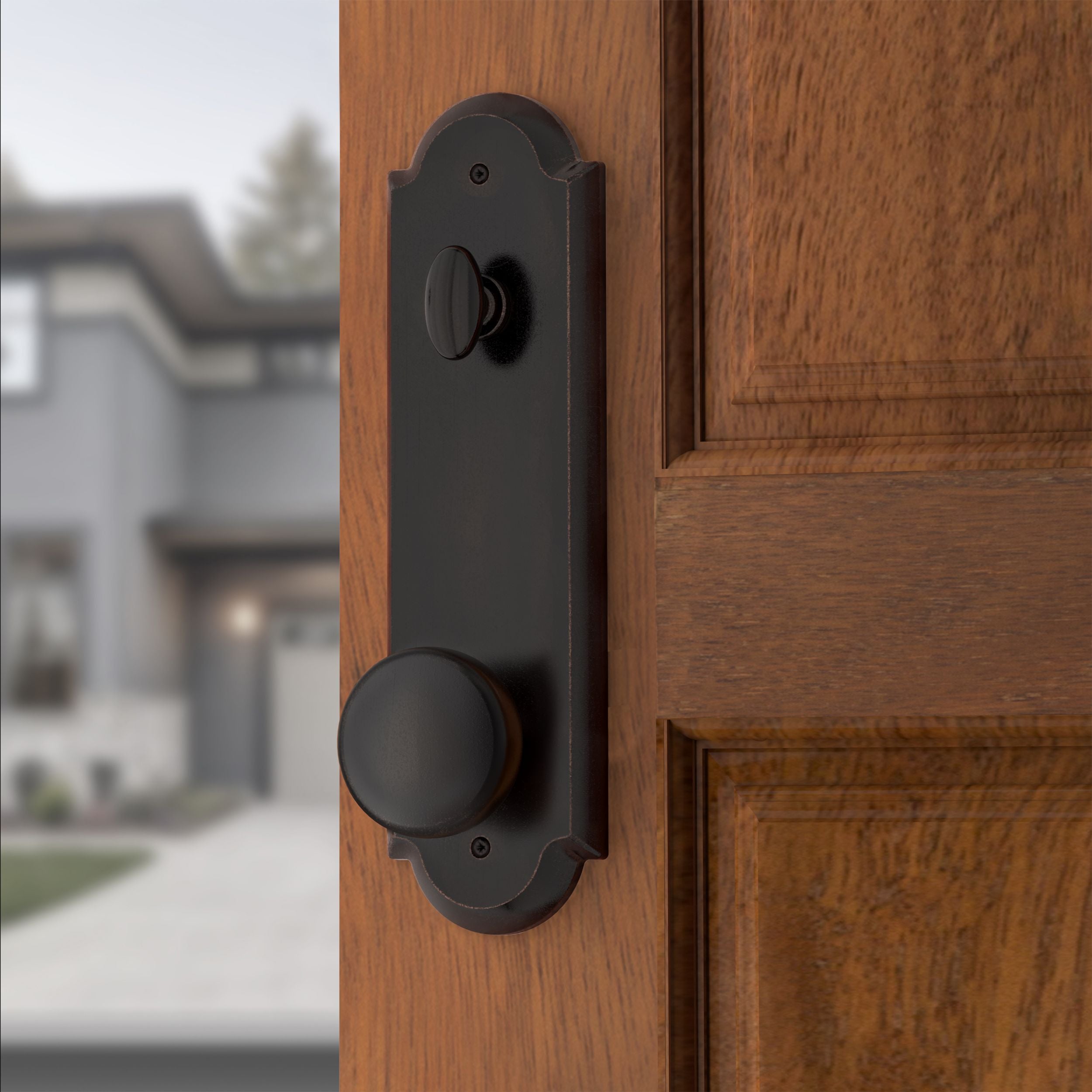 Baldwin - Reserve Collection - Tubular Entry Handlesets - Kodiak 3/4 Escutcheon Emergency Egress Handleset w/ Rustic Knob & Rustic Arched Rose