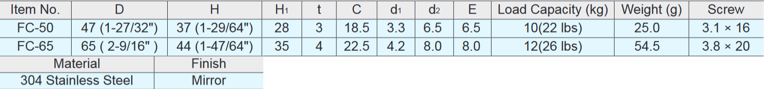 Sugatsune FC-50/65 Stainless Steel Single Hook