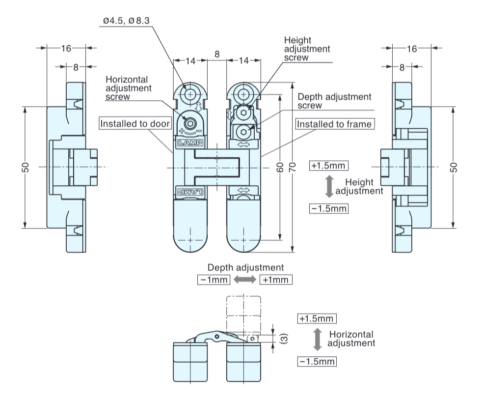 Sugatsune HES3D-70 3-Way Adjustable Concealed Hinge (Each)