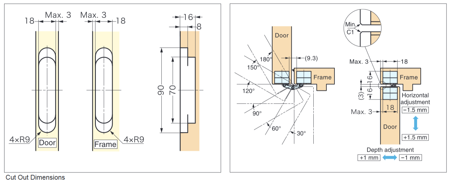 Sugatsune HES3D-90 3-Way Adjustable Concealed Hinge (Each)