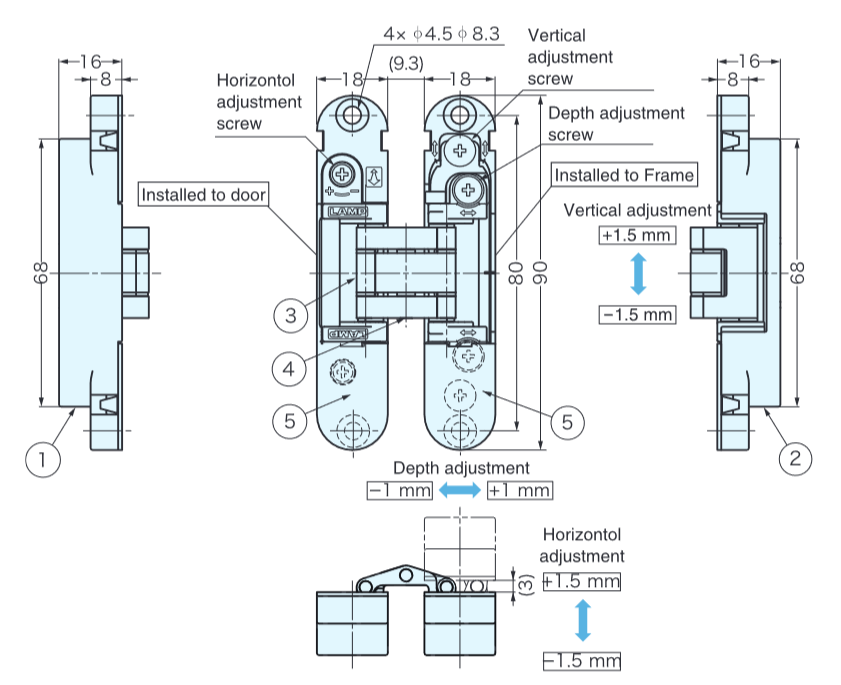 Sugatsune HES3D-90 3-Way Adjustable Concealed Hinge (Each)