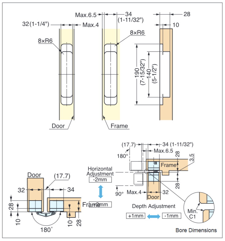Sugatsune HES3D-E190 3-Way Adjustable Concealed Hinge (Each)