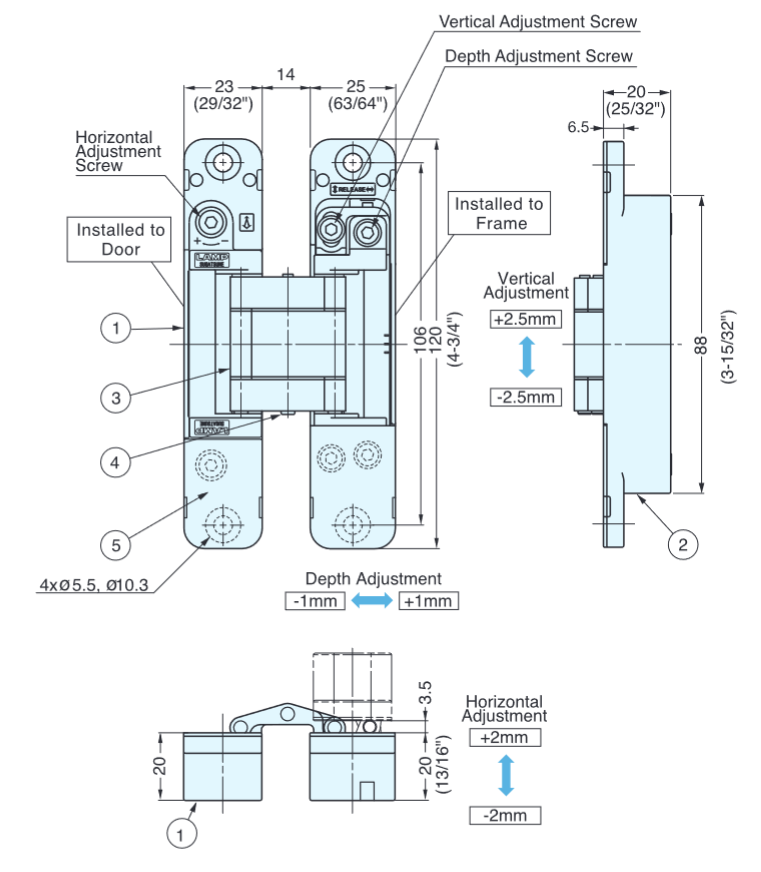 Sugatsune HES3D-120 3-Way Adjustable Concealed Hinge (Each)